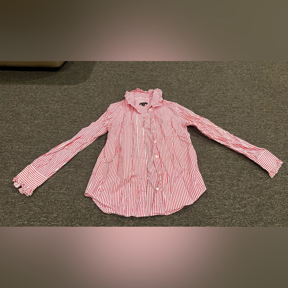 J. Crew Pink and White Striped Ruffle Collar Button-Down